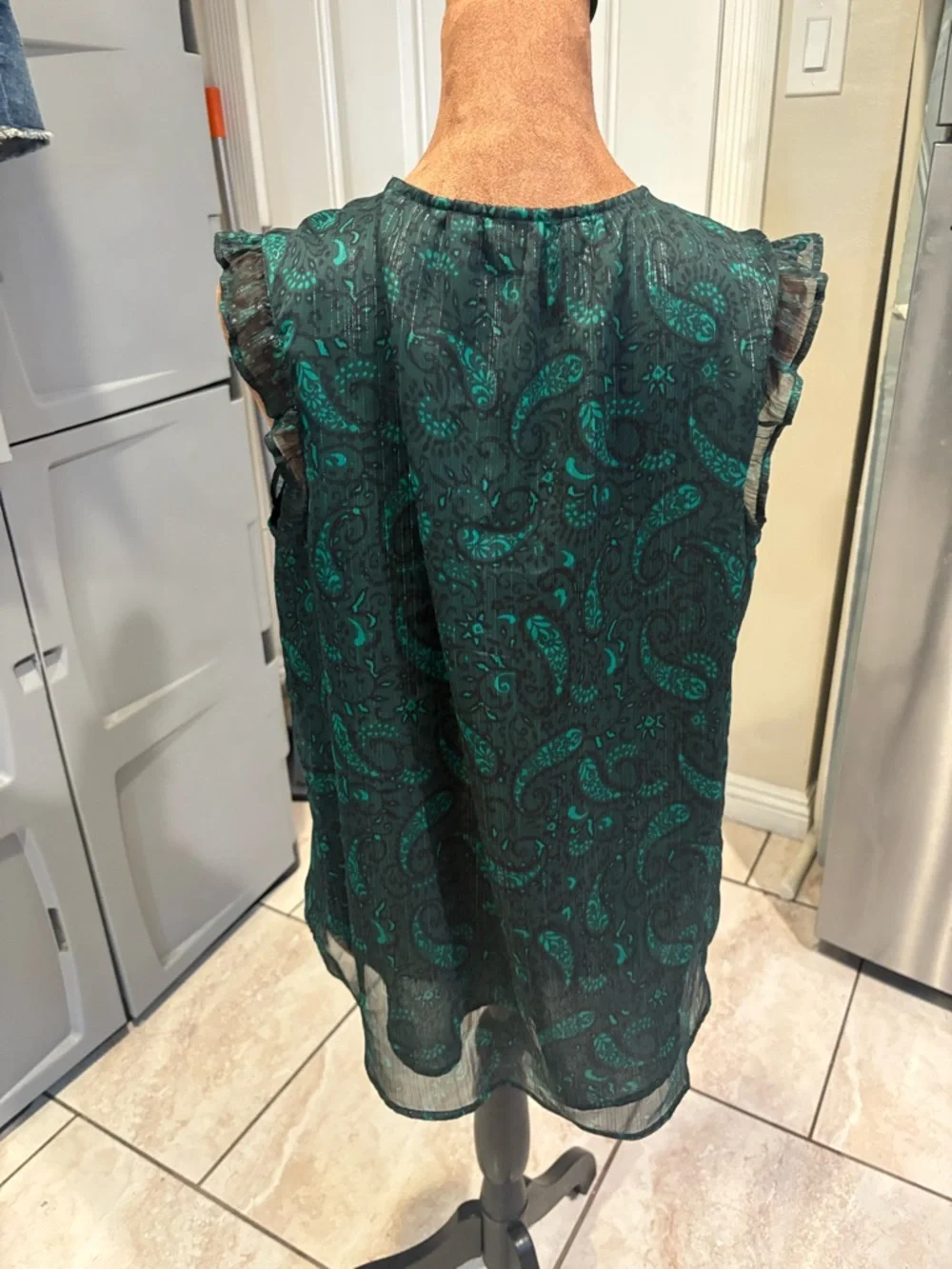 LOFT Teal Paisley Ruffle Tie-Neck Shell